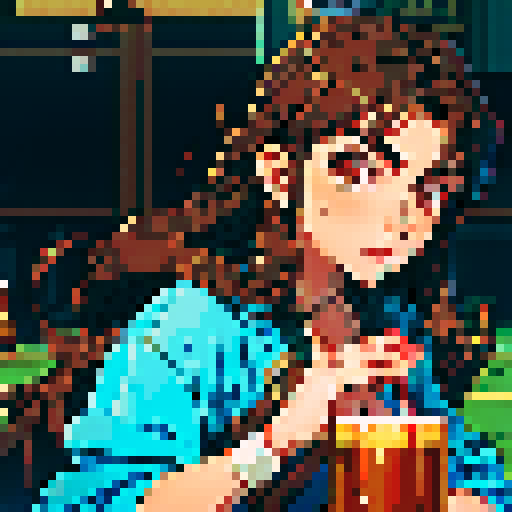 handsome, long brown haired guy, detailed pixel art, sRGB, beer
