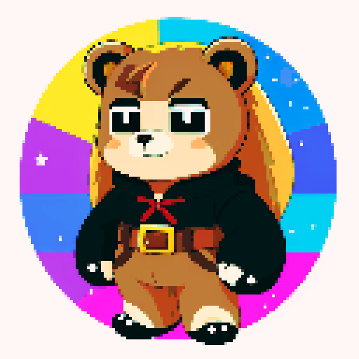 This image features a stylized bear inspired by retro 1995 anime, in a chibi art style. The bear has expressive black eyes and a brown skin. The hair is styled in long twin pigtails, the bear has magical clothes with belts and various patches. This bear has a mascot pose. The background depicts a detailed wild magic night with shining stars and a dark waterfall. This is a typical example of how popular anime characters