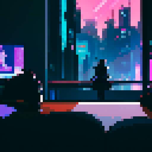 Futuristic cyberpunk city from the view of a cozy apartment and a silhouette of a black cat