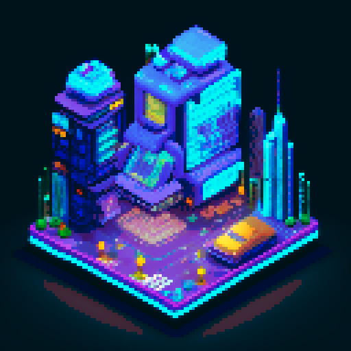 Futuristic city shop with gadgets and computers