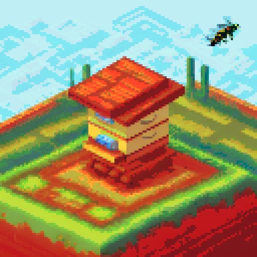 small apiary, beekeeper tending hive, isometric style, sRGB, pixel art, English countryside, pixelated bees flying