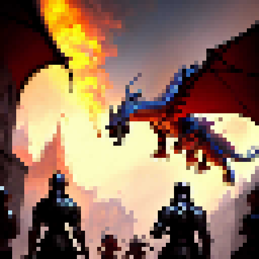 Fiery dragon swoops down, scorching cobblestone streets of bustling medieval city, while knights in shining armor raise swords to defend their kingdom in a fantastical RPG world.
