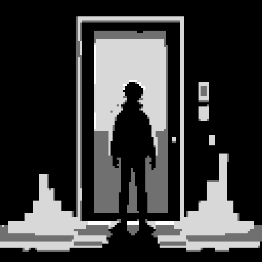 dark silhouette standing figure infront of door, vibrant colors, pixelated details, glowing door, luminous aura