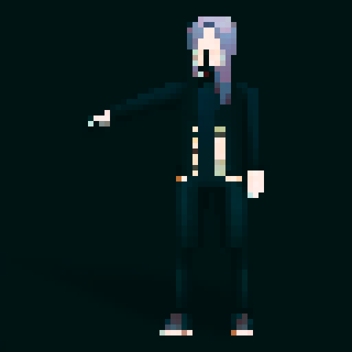 male character, pixel art sprite, black clothing, neutral pose, neutral facial expression, sRGB palette