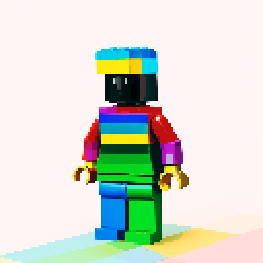 rainbow color lego pixel, vibrant colors, blocky shapes, small plastic bricks, isometric perspective, retro video game, low resolution, 8-bit graphics, sharp edges, square grid, limited color palette, nostalgic feel, brick-built characters, iconic lego logo, digital recreation, detailed textures, crisp lines, simplified forms, nostalgic gaming vibes
