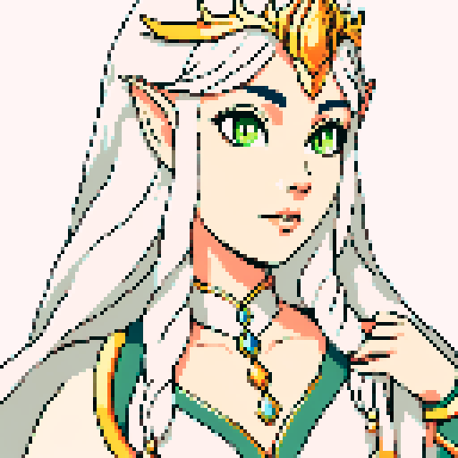 beautiful illustrious Elf Queen, golden-sun hair with white, comforting, welcoming look, ceremonial regal clothes of the elven royalty, pixel art, sRGB