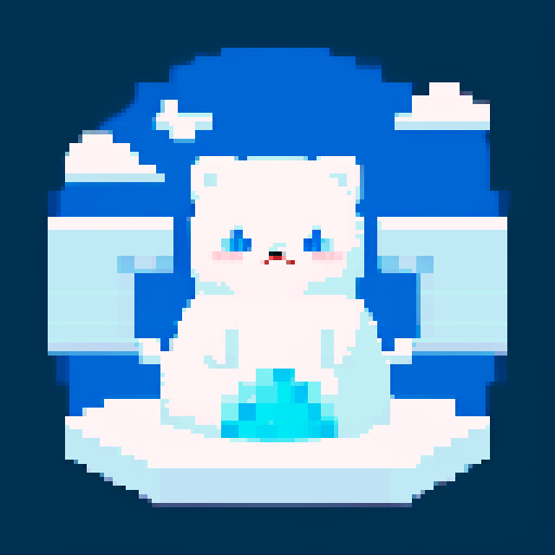 tiny eskimo pixel character, petting pixel seal animal, on iceberg, with tiny cabin nearby, pixel art, sRGB