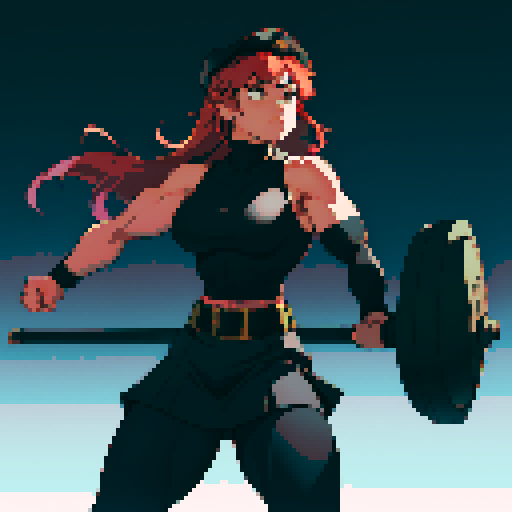 full-body image, muscle girl, female, thick biceps, big shoulders, big fists, muscular physique, thick waist, facing left, ready to fight, exaggerated proportions, black military uniform, black hat, military backdrop, sRGB, pixel art