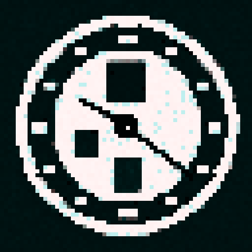 pixelated black and white clock, time set to 1, pixel art style, sRGB