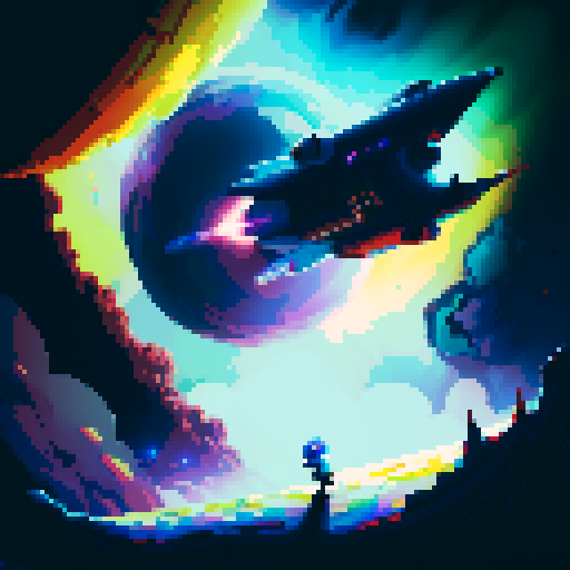 spaceship, sideview, vibrant galaxy, swirling nebulas, twinkling stars, pixel art, srgb