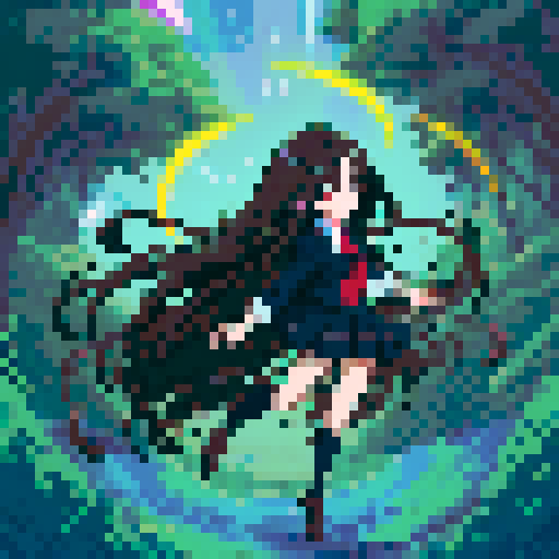anime girl with long, glowing eyes, flowing hair, dark colors, hovering above the ground in a revealing school uniform, with a 16 bit style that pops against the sRGB color palette
