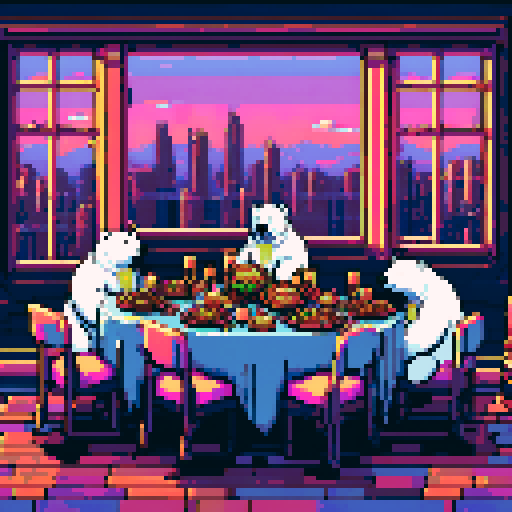 "An 8-bit pixel art of polar bears gathered at a lavish dinner table, wearing gold chains, sunglasses, and hats. The table is piled with gourmet food, crypto coins, and glowing trading screens. The setting is a modern dining room with neon accents and a window overlooking a futuristic, crypto-themed cityscape."