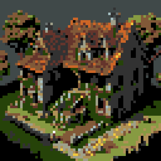 top down post-apocalyptic ancient Roman farmhouse, crumbling stone walls, overgrown vines, rusted armor, decaying wooden doors, broken pottery, moss-covered statues, collapsed roof tiles, dilapidated furniture, flickering torches, eerie shadows