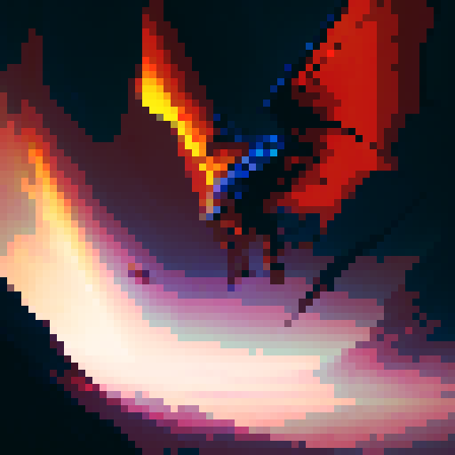 Fiery dragon with shimmering scales, wings spread wide as it soars through a cloudy sky, spewing flames from its monstrous jaws with a backdrop of a mystical kingdom in a fantasy RPG style