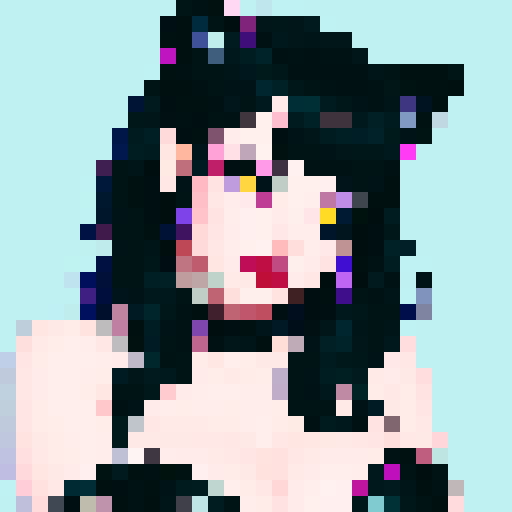 curvy, cute goth cat girl face, black hair, purple eyeshadow, red lipstick, studded leather, face portrait, glamour shot, vibrant sRGB colors, pixel art