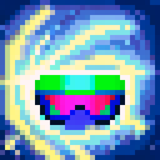 Neon pink and blue sunglasses with pixelated frames and a retro design, reflecting the city skyline at night, neutral perspective, medium shot
