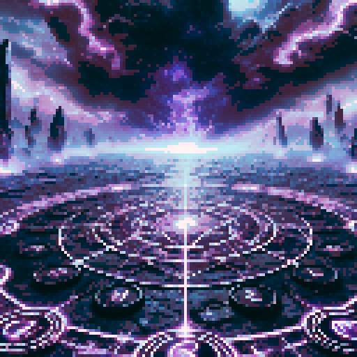 A dark psychic battleground with an off-center perspective, where glowing purple runes on a cracked black floor extend diagonally. Jagged floating crystals and arcs of dark energy surround the arena, with the central focus shifted to the right. Ominous storm clouds with flashes of purple lightning fill the sky, blending into a dark starry background. The environment feels immersive and foreboding, emphasizing depth and a mysterious, otherworldly atmosphere.