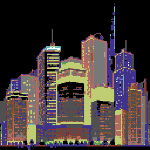 large skyscrapers at night, large dark blue sky, viewed from afar, retro, nostalgic feel