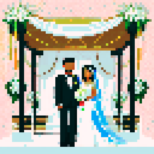 bride with fair skin, black hair, and tall stature, groom with ethnic features, both under white cloth chuppah, at a Jewish wedding, against a black background, in a flat color, pixel art style, emphasizing sRGB