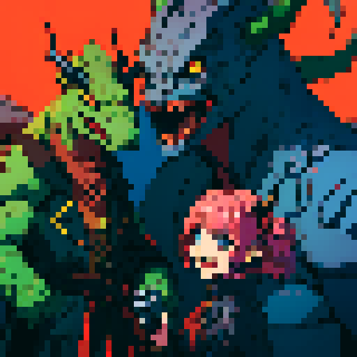 antagonist character in jrpg, giant lizardman with devil horns, evil smile, laser gun in hand, long tongue, sRGB, pixel art