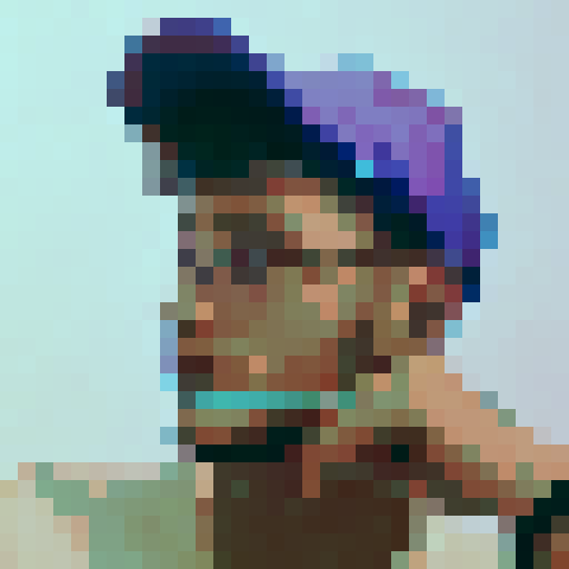 Cute guy with glasses and puffy cheeks, passionately gazing to the right in a 32x32 pixel art portrait with a skillful sRGB color palette reminiscent of anime game icons, featuring a close-up portrait.