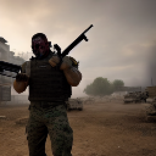 Military bulldog, muscular and fierce, wears a bullet-proof vest and holds a shotgun with a grim face, set in a zombie shooter game with apocalyptic background 