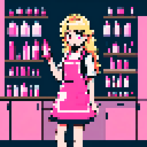A girl with long blonde wavy long hair, wearing a pink apron and holding a nail polish bottle. 