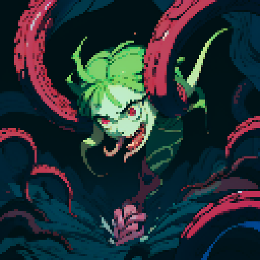 eldritch being, tentacles writhing, full body floating, brain pulsating, many eyes staring, eyeballs bulging, no humans, monsyer, sRGB pixel art