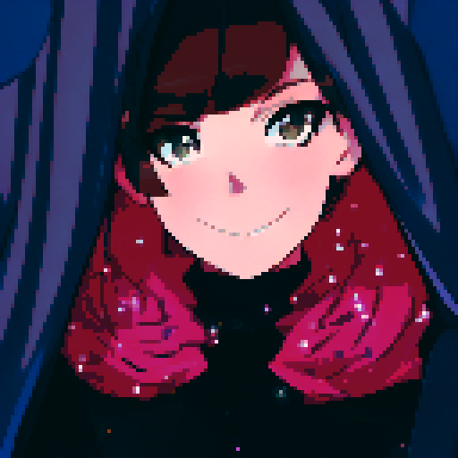 A brown-haired girl with brown eyes smiles as she stands amid blue curtains in a black dress and floating cherry blossom petals