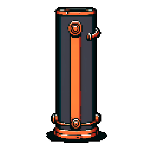 I want a tall vertical copper pipe that looks like a cannon barrel. I want this object usable an asset in a videogame, meaning only one object per image, outlined with a strong black stroke, on a solid-color background.