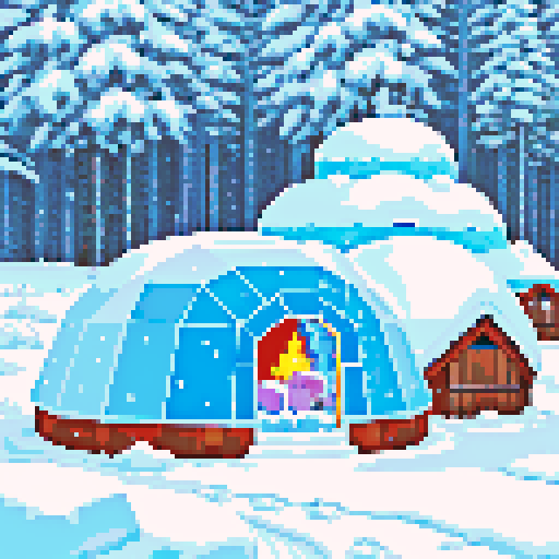 snowy mountain range, igloo, campsite, cold, pixel art, sRGB