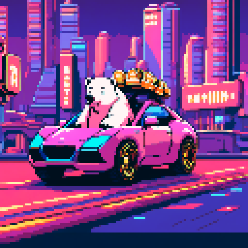 
"An 8-bit pixel art of a polar bear sitting in the driver’s seat of a luxury sports car. The bear is decked out with gold chains, oversized sunglasses, and a snapback hat, exuding a flashy crypto mogul vibe. Inside the car, a glowing high-tech dashboard displays cryptocurrency charts and wallet balances. The car speeds through a neon-lit cityscape filled with crypto-themed billboards and holographic ads, emphasizing the bear’s high-tech and lavish lifestyle."