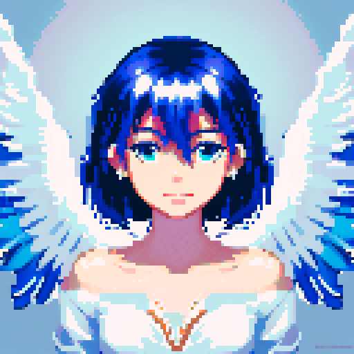 
Beautiful, ethereal angel with shimmering wings and flowing, liquid-like chrome body, rendered in minimalist pixel art with vibrant, dazzling sRGB colors