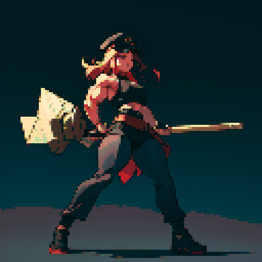 full-body image, muscle girl, female, thick biceps, big shoulders, big fists, muscular physique, thick waist, facing left, ready to fight, exaggerated proportions, black military uniform, black hat, military backdrop, sRGB, pixel art