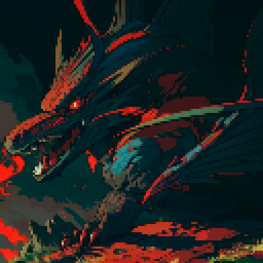 red dragon, fiery scales, sharp claws, fierce expression, towering presence, detailed pixel art, vibrant colors, textured scales, intricate patterns, glowing eyes, majestic wings, powerful tail, smoke billowing from nostrils