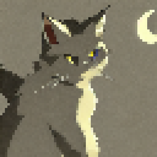 "Piercing yellow-eyed grey cat stands vigilant amidst a dark and eerie night, evoking the essence of anime in its finely rendered style."