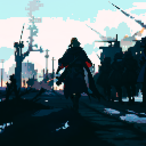 Final fantasy tactics detail soldier walking towards war torn city with a panzer faust on his back and a rifle in his hand. A Squad Mate of his is looking towards him in background, he has a cape on and a hood. City has snow on it. Colorful but not to bright of colors. 