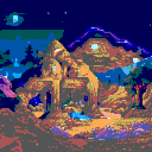 cliff in a dense green wood at night, stars shining, wolf pack