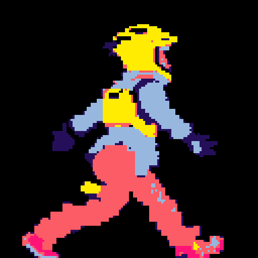 cyberpunk space trader sprite, pixel art, futuristic design, cybernetic arm with intricate detailing, glowing yellow-orange visor over the eyes, trench coat with glowing lines, white, blue and teal color palette with neon pink accent, yellow visor tint, distinct sci-fi aesthetic, confident posture, mid-step left first, left left bent and raised, arms extended, pixel art, sRGB
