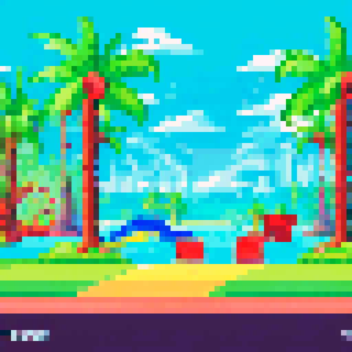 Tropical playground with vibrant, colorful slides, swings, and a sandbox surrounded by lush palm trees, with a pixel art school building in the background, all set against a beautiful sRGB background landscape