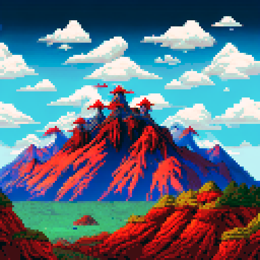 Mt Doom's fiery peak surrounded by craggy rocks and ash-covered ground, with a dark, ominous sky looming in the background, depicted in a stunning sRGB pixel art landscape
