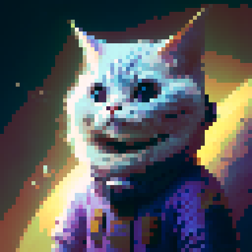 Create a whimsical pixel art spritesheet of a mischievous cat with a playful expression