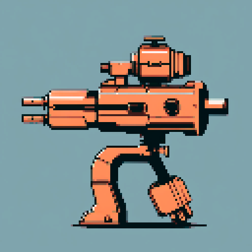 I want a big copper minigun viewed from from the side. It should not be on a stand but instead floating in the center of the frame. It should have strange mechanical details that could interlock with others. I want this object usable an asset in a videogame, meaning only one object per image, outlined with a strong black stroke, on a solid-color background. 