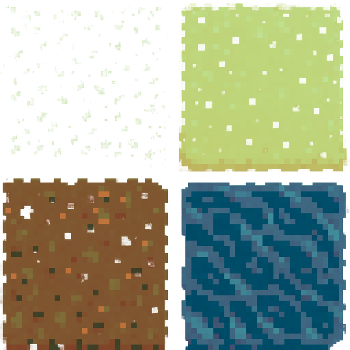 tileset sprite sheet, top-down view, 32x32 pixel art, game assets, seamless tiles: grass ground, sand ground, dirt soil, water, all tiles same art style, cohesive color palette, clean pixel style
