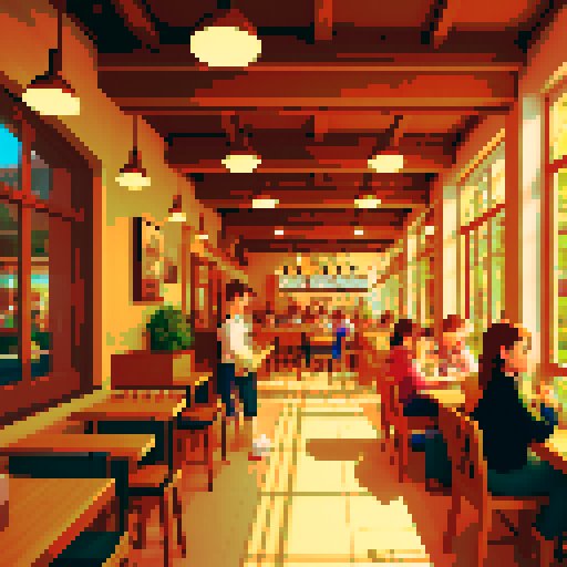 busy, bustling cafe interior, boring crowd of people, immersed in the cool, inviting ambiance