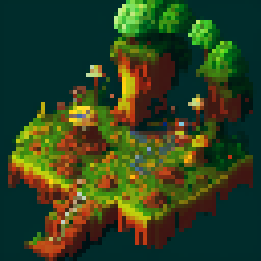 Cave entrance with stalactites and stalagmites, valuable gems, glowing mushrooms, moss-covered rocks leading to a hidden treasure, pixel art