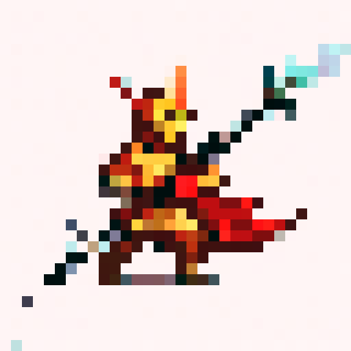 Flaming lance ablaze, armored hero charges with gritted teeth, surrounded by swirling inferno, pixelated flames licking at the edges of the screen, intense and vibrant colors, skillfully crafted close-up portrait