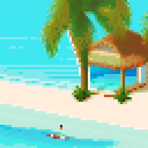 A beautiful pixelated beachside chalet, palm trees swaying in the wind, turquoise water and a sandy beach