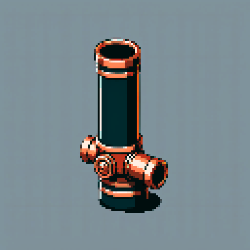 I want a tall vertical copper pipe that looks like a cannon barrel. I want this object usable an asset in a videogame, meaning only one object per image, outlined with a strong black stroke, on a solid-color background.