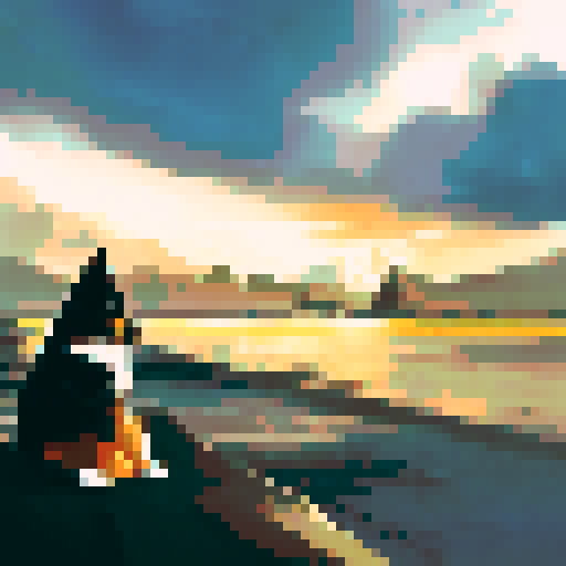 Fluffy black and tan fur blowing in the wind against a colorful sunset backdrop, a regal and alert German Shepherd gazes out in profile with ears perked up